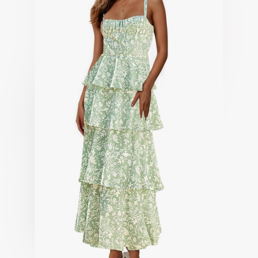 Floral Green Tiered Dress